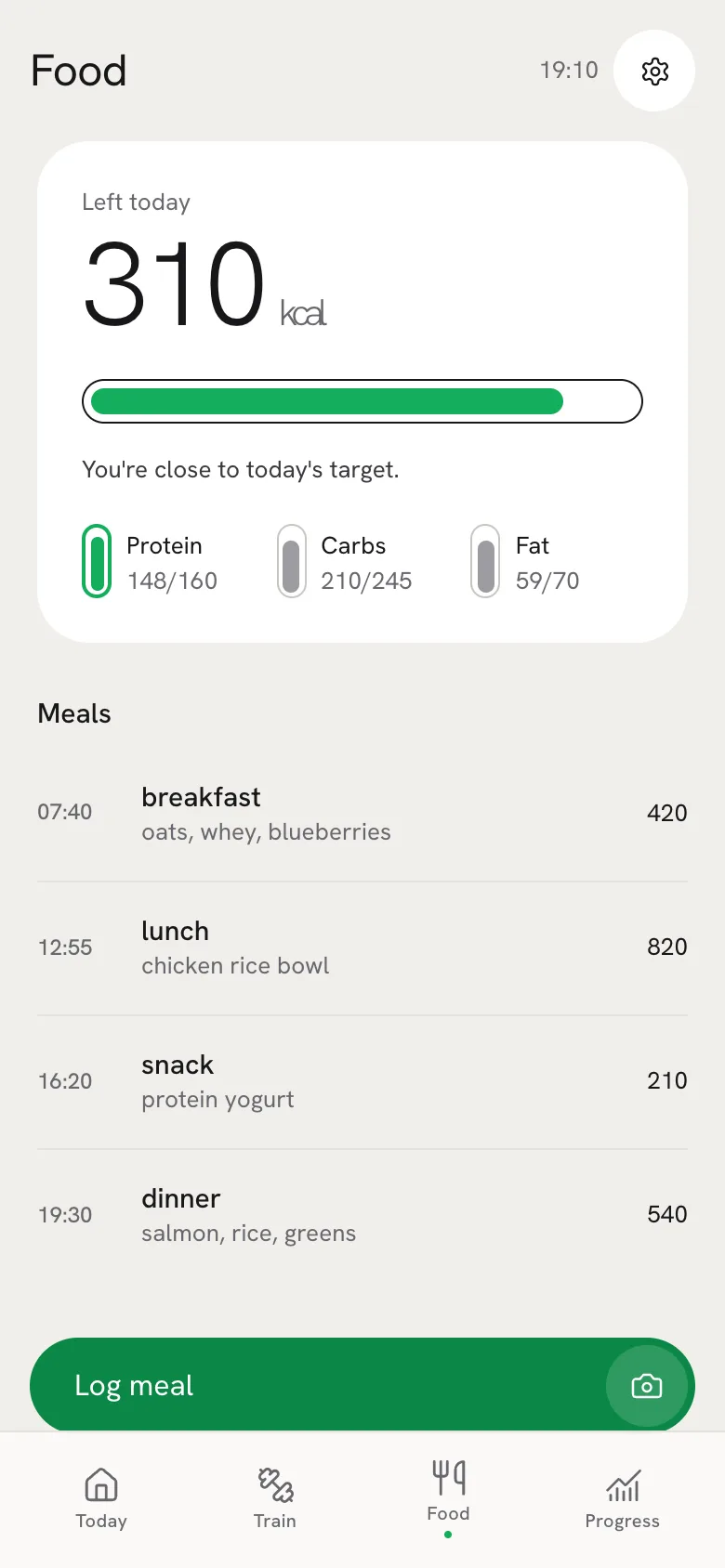 Laroa Food screen: 310 kcal left today, protein 148 of 160 g, and the day’s meals