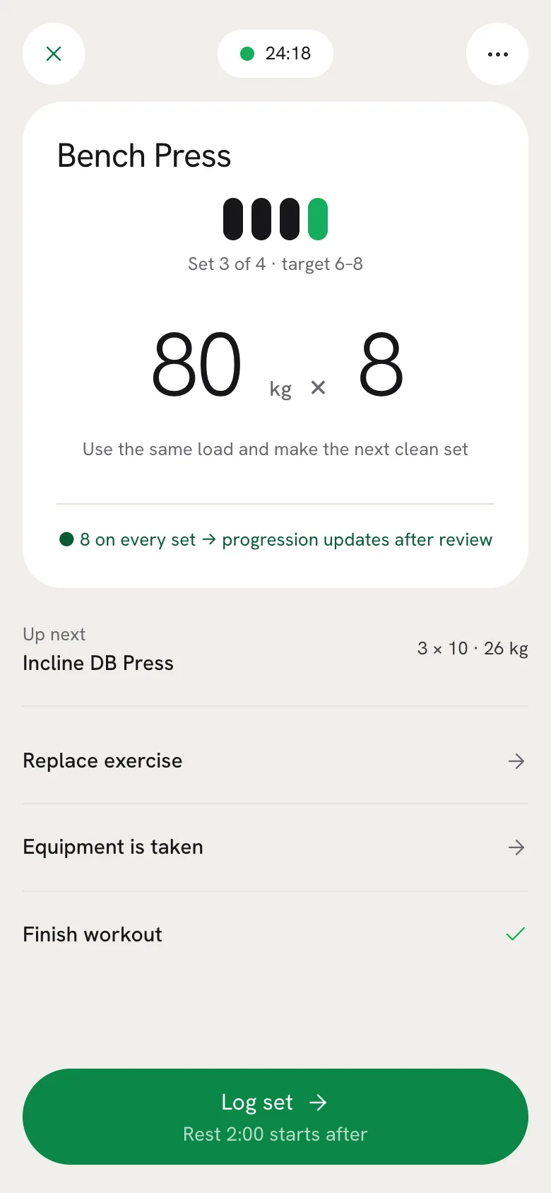 Laroa workout screen: bench press, set 3 of 4, 80 kg for 8 reps with the target and a Log set button